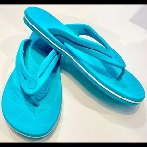 CROCS Crocband FLIP Flop Beach Shoe Teal Blue & White Stipe W 11 M 9 Croc Button